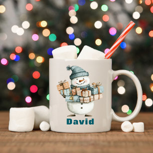 Personalised Snowman Holding Christmas Presents Coffee Mug