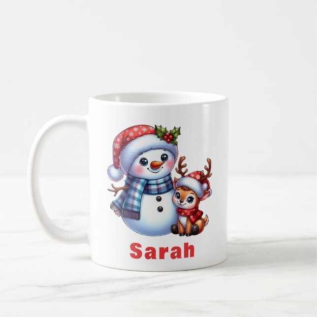 Personalised Snowman & Reindeer Christmas Coffee Mug (Left)