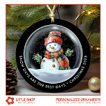 Personalised Snowman Snow Globe Photo Ceramic Tree Decoration<br><div class="desc">Elevate your holiday decor with this personalised Christmas ornament that features a charming watercolor illustration of a snowman wearing a cosy hat and scarf, nestled inside a snow globe, and surrounded by delicate falling snow. The front includes text that says, “Snow Days are the Best Days” and “Christmas 2024, ”...</div>