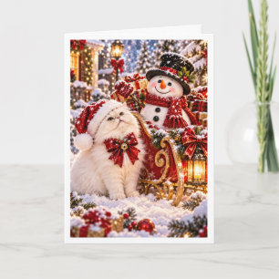Personalised Snowman & White Persian Cat Christmas Holiday Card