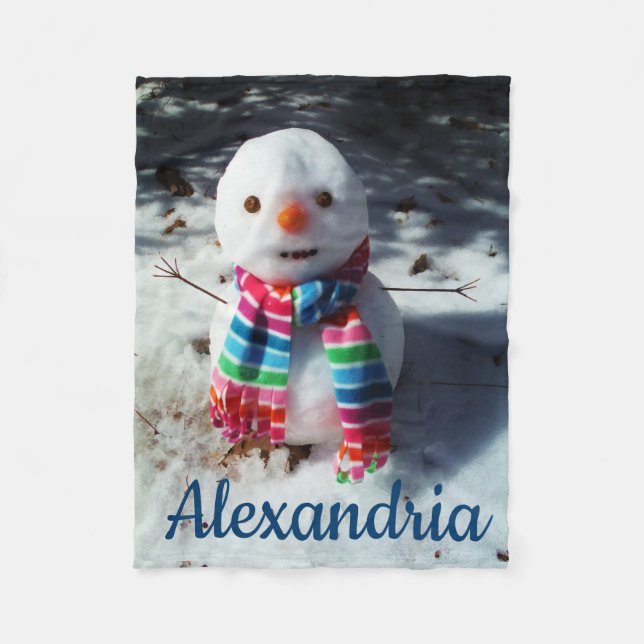 Personalised Snowman with Rainbow Scarf Fleece Blanket (Front)