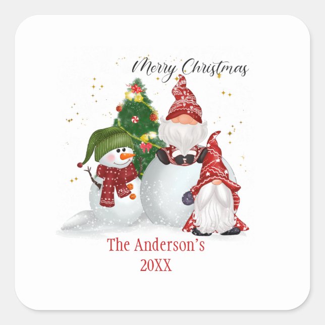 Personalised Snowmen Gnomes Christmas Square Sticker (Front)