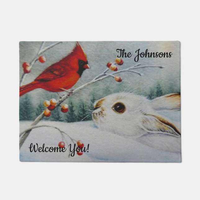 Personalised Snowshoe Rabbit & Red Cardinal Bird  Doormat (Front)