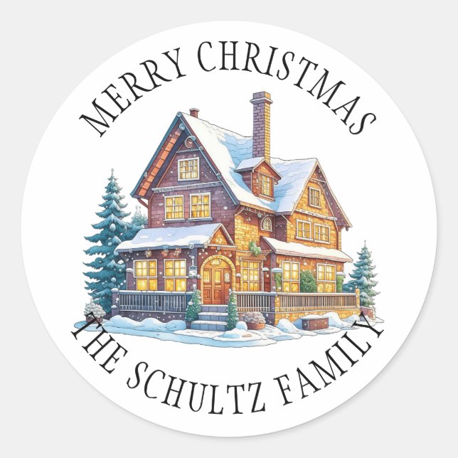 Personalised Snowy Log Cabin Christmas Classic Round Sticker (Front)