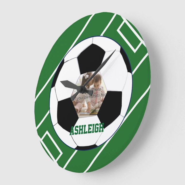 Personalised Soccer Ball and Field Photo template Large Clock (Angle)