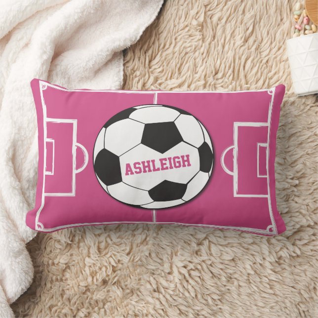 Personalised Soccer Ball and Field Pink Lumbar Cushion (Blanket)