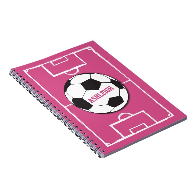 Personalised Soccer Ball and Field Pink Notebook (Right Side)