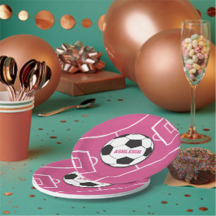 Personalised Soccer Ball and Field Pink Paper Plate