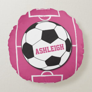 Personalised Soccer Ball and Field Pink Round Cushion