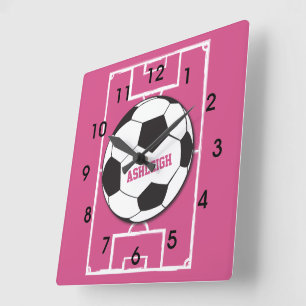 Personalised Soccer Ball and Field Pink Square Wall Clock