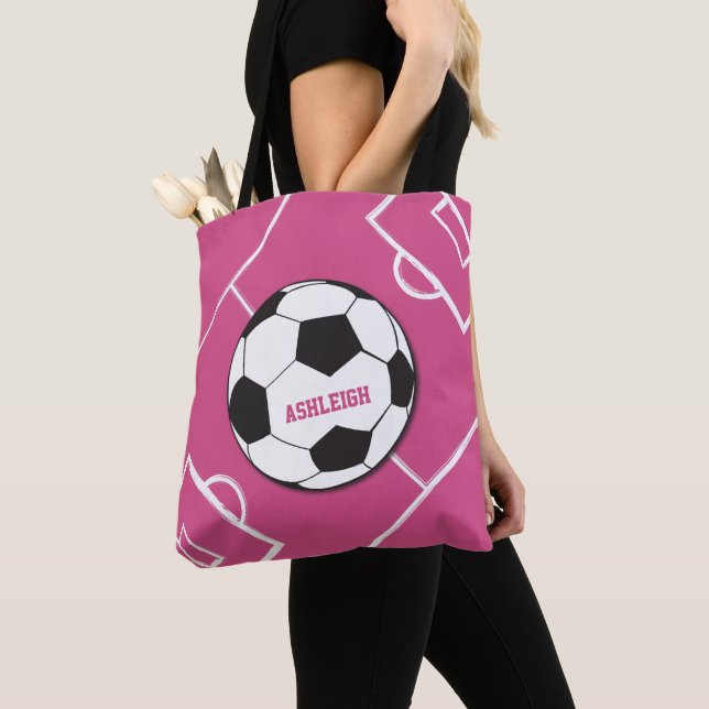 Personalised Soccer Ball and Field Pink Tote Bag (Close Up)