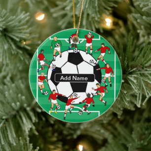 Personalised soccer ball and players ceramic tree decoration
