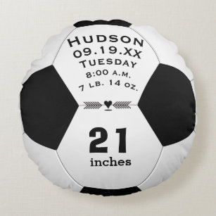 Personalised Soccer Ball Name and Baby Stats Round Cushion