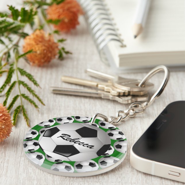 Personalised Soccer Ball on Football Pattern Key Ring (Front Right)