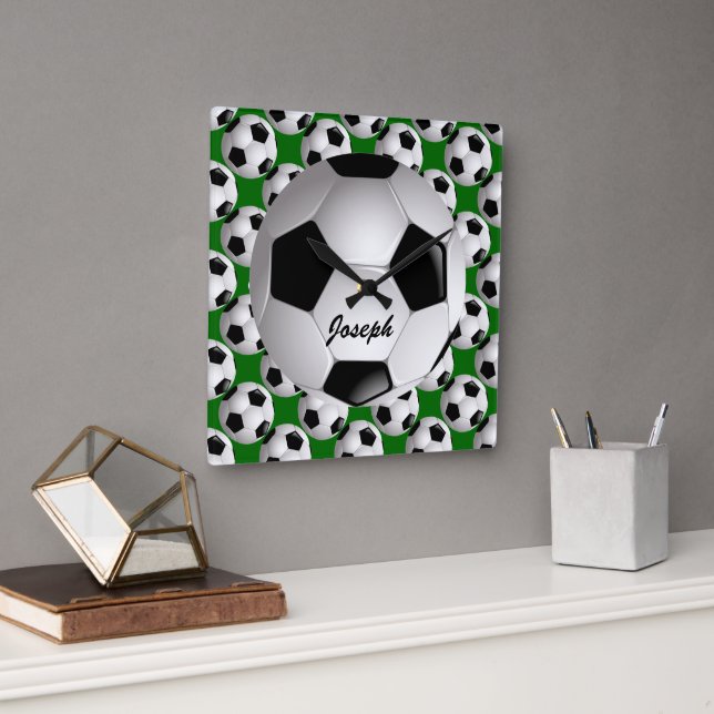Personalised Soccer Ball on Football Pattern Square Wall Clock (Office)