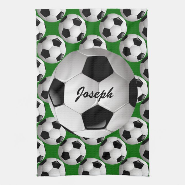 Personalised Soccer Ball on Football Pattern Tea Towel (Vertical)