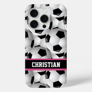 Personalised Soccer Ball Pattern Black Pink White iPhone 15 Pro Case