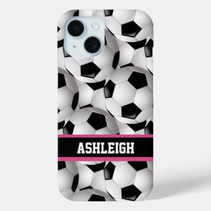 Personalised Soccer Ball Pattern Black Pink White iPhone 15 Case