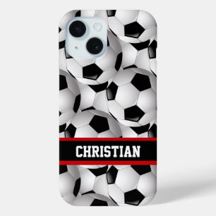 Personalised Soccer Ball Pattern Black Red White iPhone 15 Case