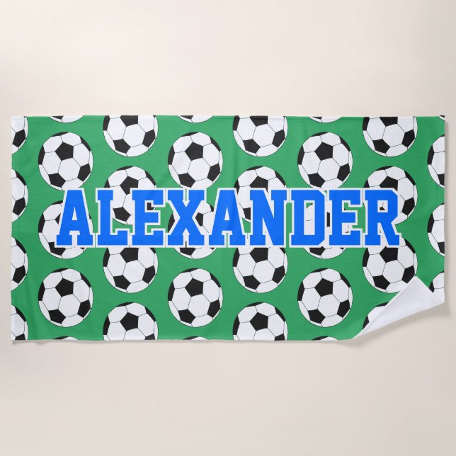 Personalised Soccer Ball Pattern Green Beach Towel (Front)