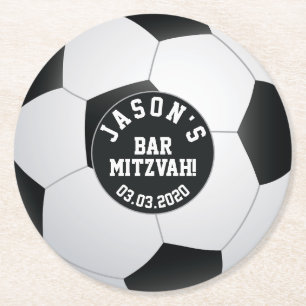 Personalised Soccer Bar Mitzvah Black White Round Paper Coaster