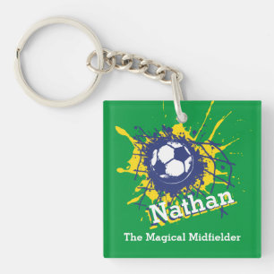 Personalised soccer defensive boy green team key ring