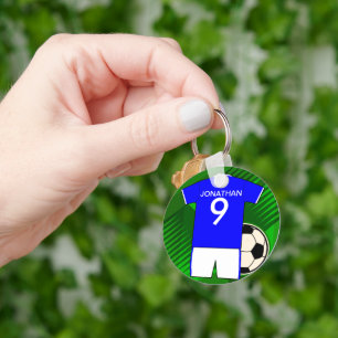 Personalised Soccer Jersey Blue and White Key Ring