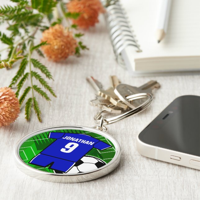 Personalised Soccer Jersey Blue with White Key Ring (Side)