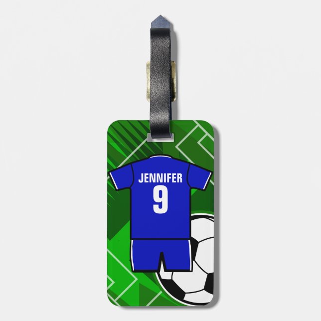 Personalised Soccer Jersey Blue with White Luggage Tag (Back Vertical)