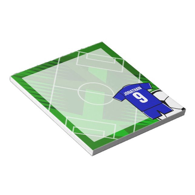 Personalised Soccer Jersey Blue with White Notepad (Angled)