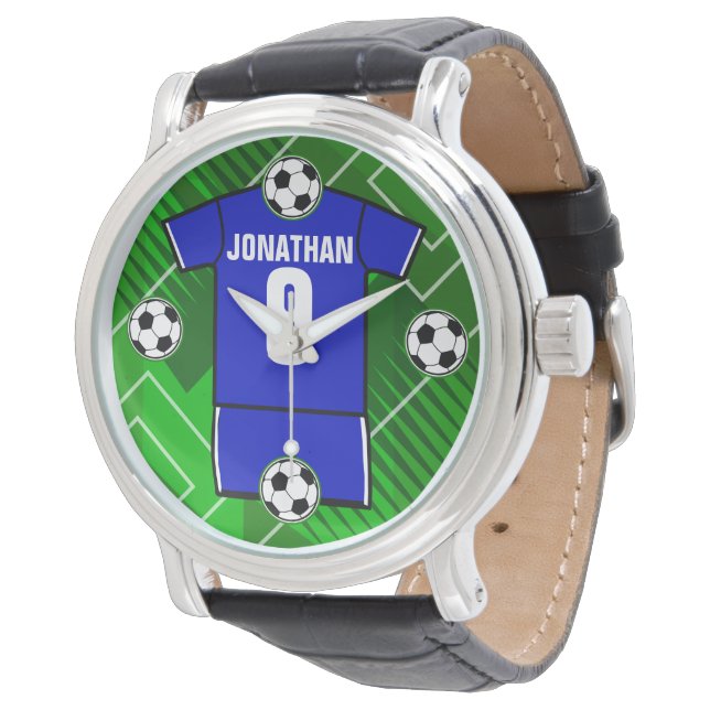 Personalised Soccer Jersey Blue with White Watch (Angled)