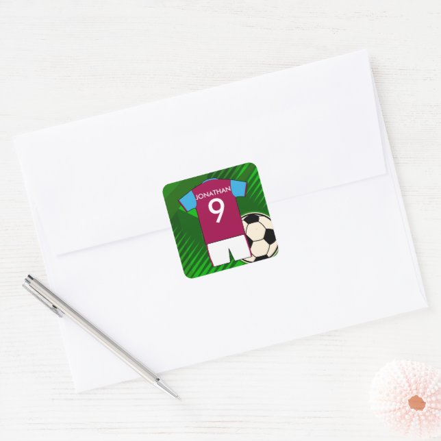 Personalised Soccer Jersey Claret and Blue Square Sticker (Envelope)
