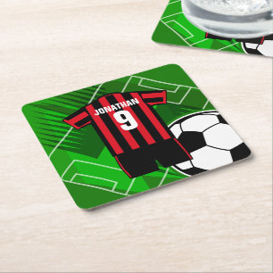 Personalised Soccer Jersey Red and Black Stripes Square Paper Coaster
