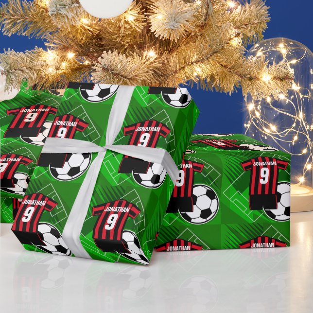 Personalised Soccer Jersey Red and Black Stripes Wrapping Paper (Holidays)
