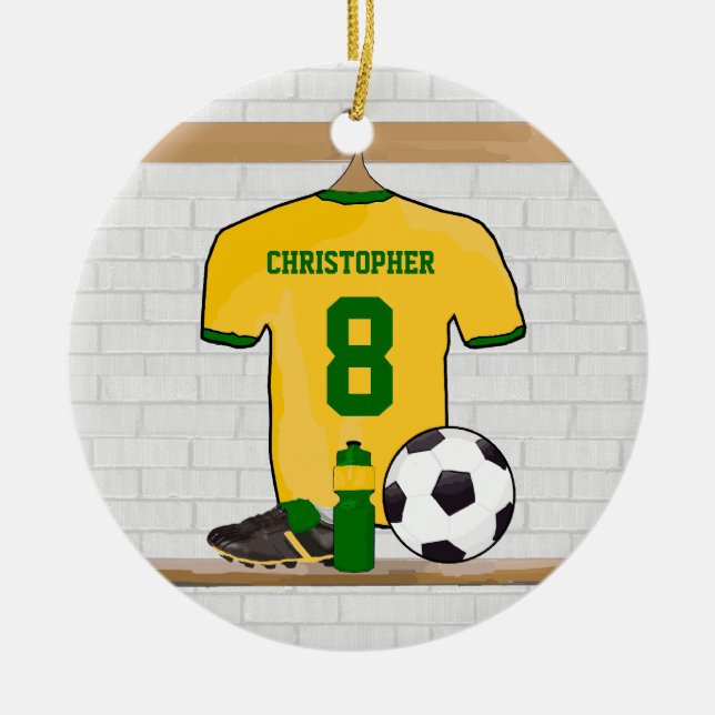 Personalised soccer jersey yellow green ceramic tree decoration (Front)