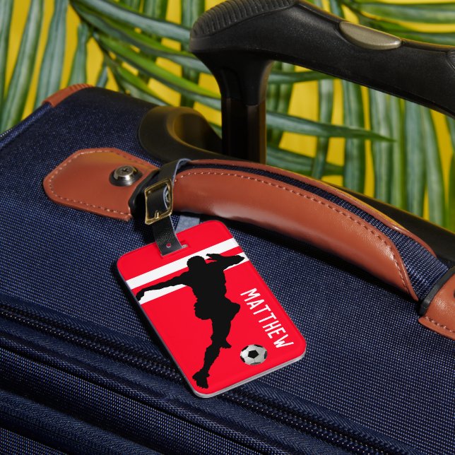 Personalised Soccer Mad | Footballer Red Travel Luggage Tag (Front Insitu 1)