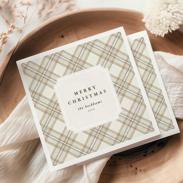 Personalised Soft Beige Gingham Merry Christmas Napkin (Creator Uploaded)
