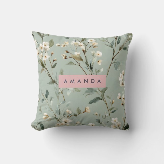 Personalised Soft Pastel Green Flower Design Cushion (Front)