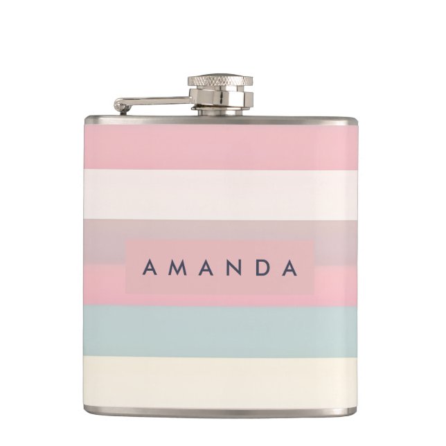 Personalised Soft Pastel Rainbow Stripes Hip Flask (Front)