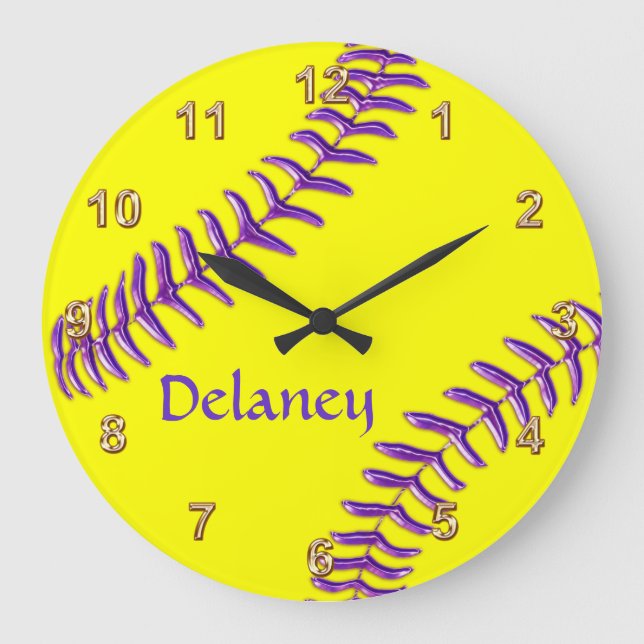 Personalised Softball Clocks, Purple Name, Threads Large Clock (Front)
