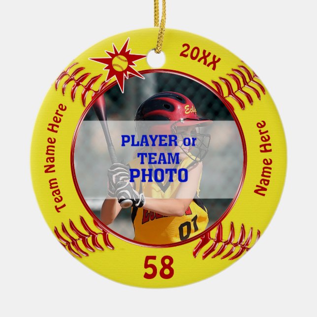 Personalised Softball Ornaments, Your PHOTO, TEXT Ceramic Tree Decoration (Front)