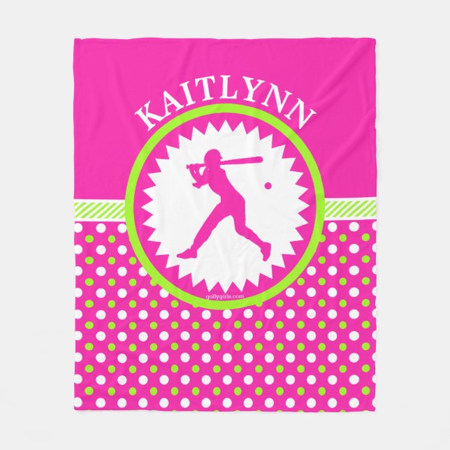 Personalised Softball Pink - Green Polka-Dots Fleece Blanket (Front)
