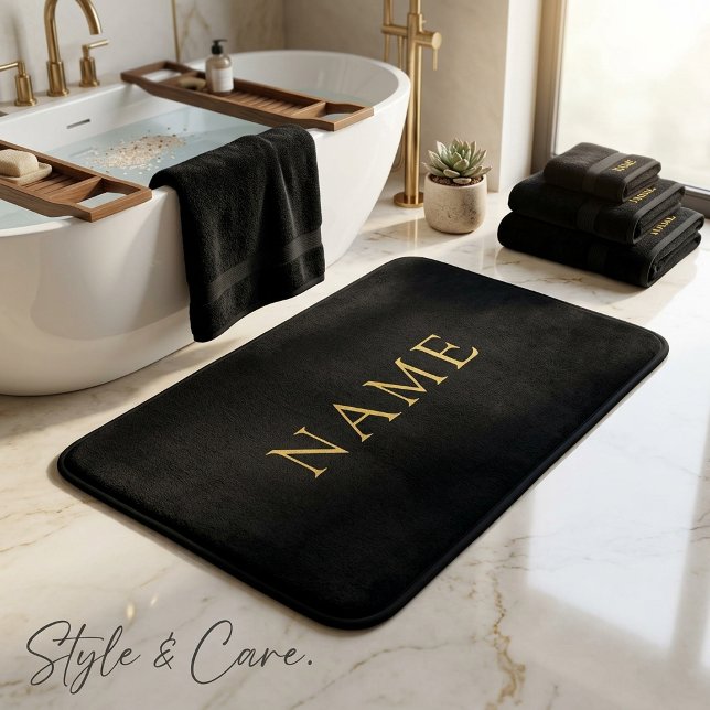 Personalised Solid Black Bath Mat with Custom Name (Personalized Solid Black Bath Mat with Custom Name)