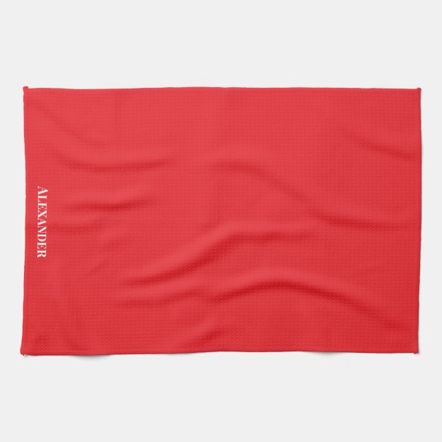 Personalised Solid Bright Red Plain White Script Tea Towel (Horizontal)