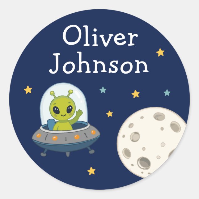 Personalised Space Alien Moon Name Classic Round Sticker (Front)