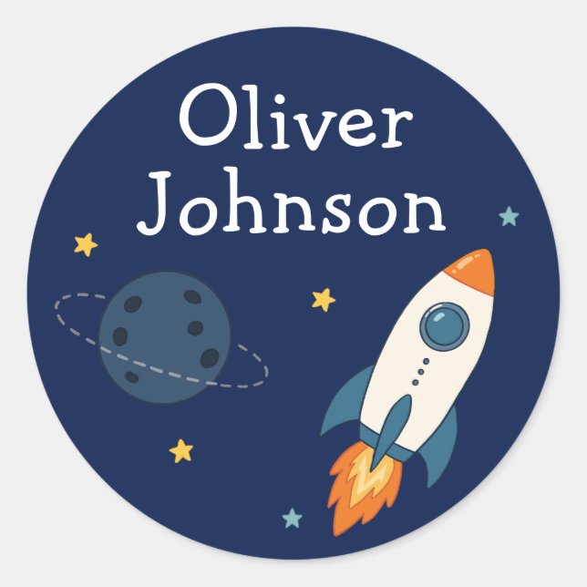 Personalised Space Rocket Name Classic Round Sticker (Front)