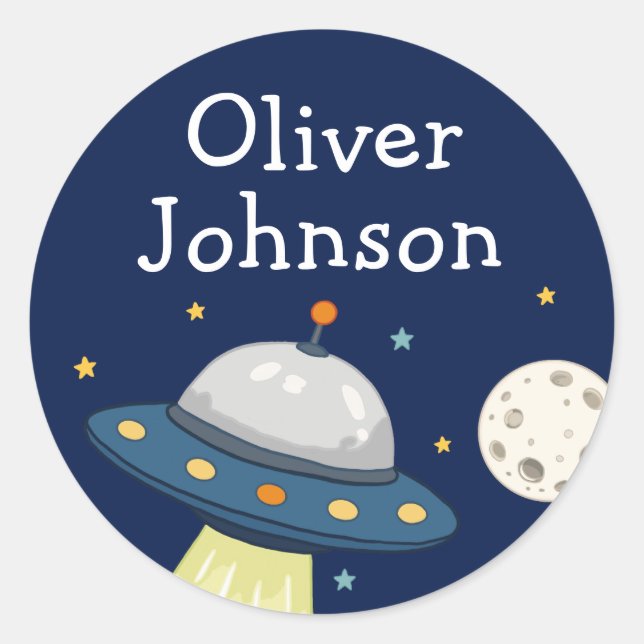 Personalised Space UFO Moon Name Classic Round Sticker (Front)