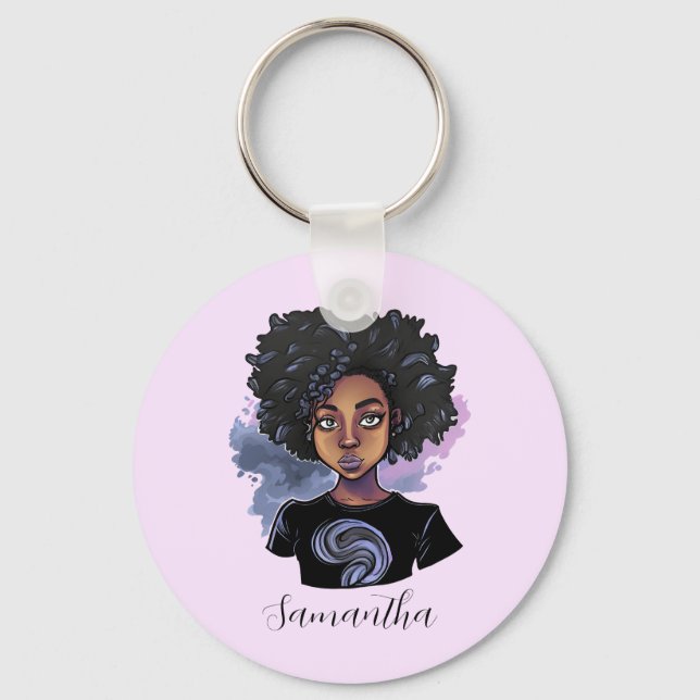 Personalised Sparkling African American Woman Key Ring (Front)