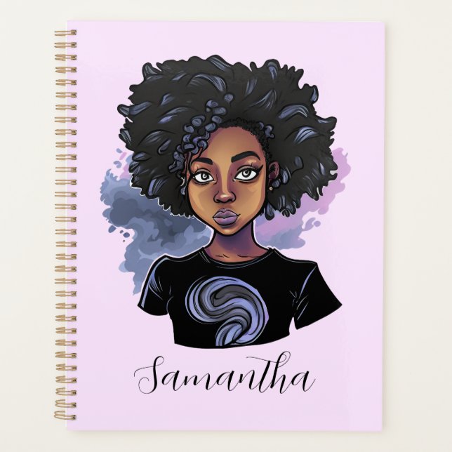 Personalised Sparkling African American Woman Planner (Front)