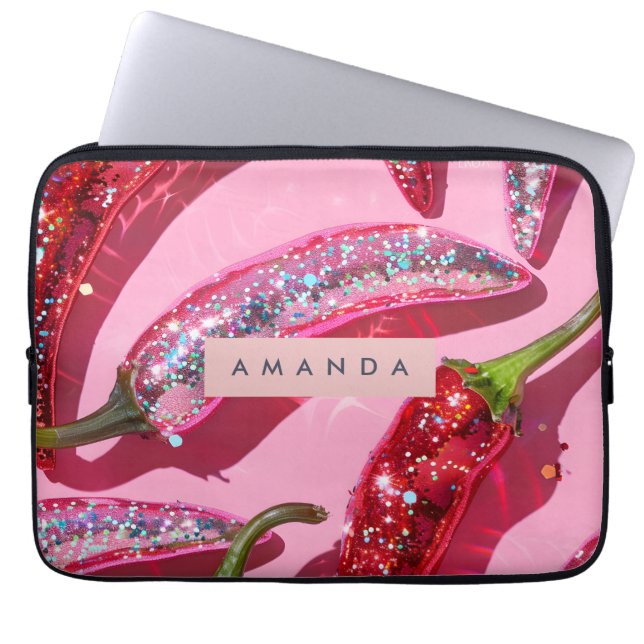 Personalised Sparkling Hot Pink Glitter Chilli Laptop Sleeve (Front)